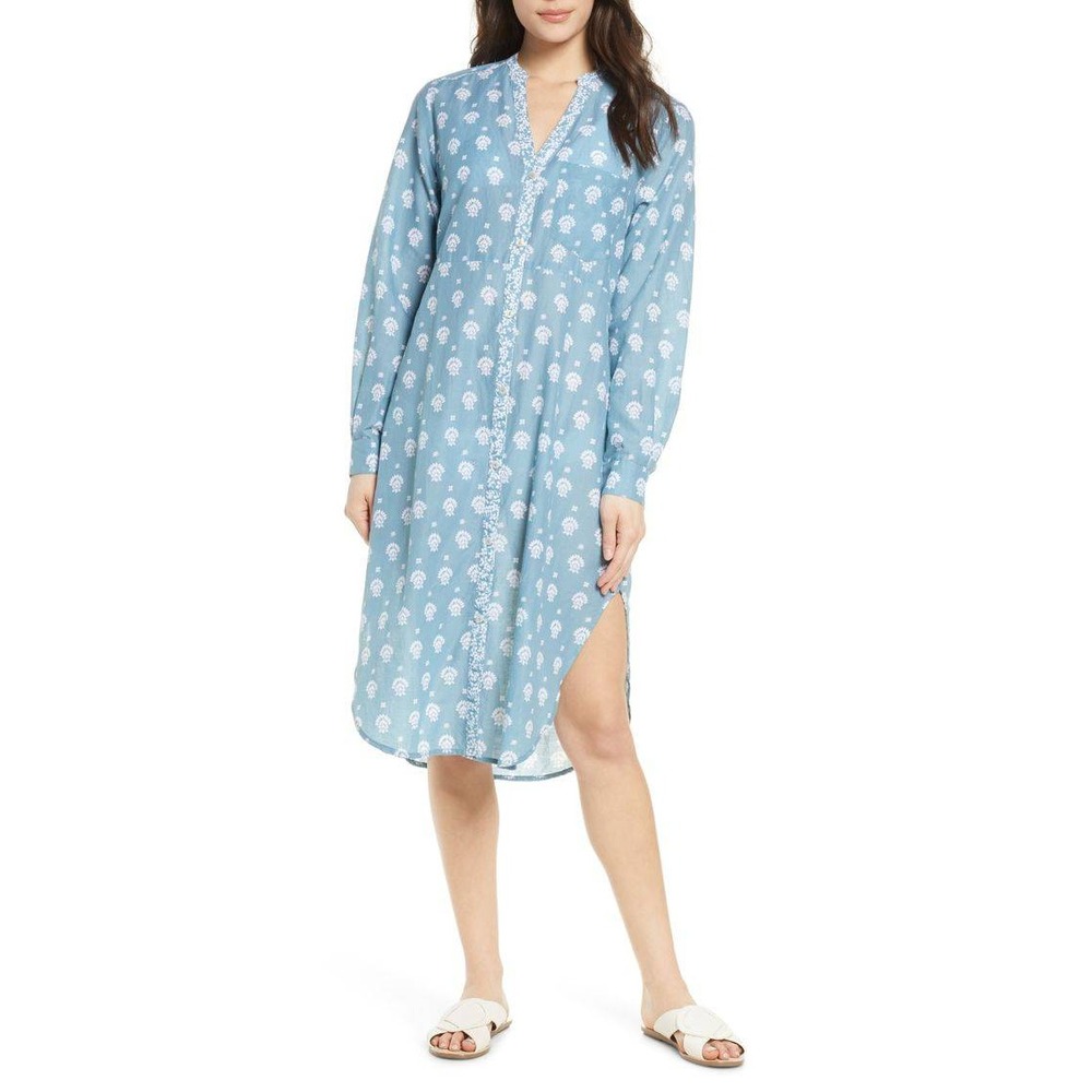 Roller Rabbit Tashi Rylina Blue Block Print Cotton Coverup Shirt Dress XS